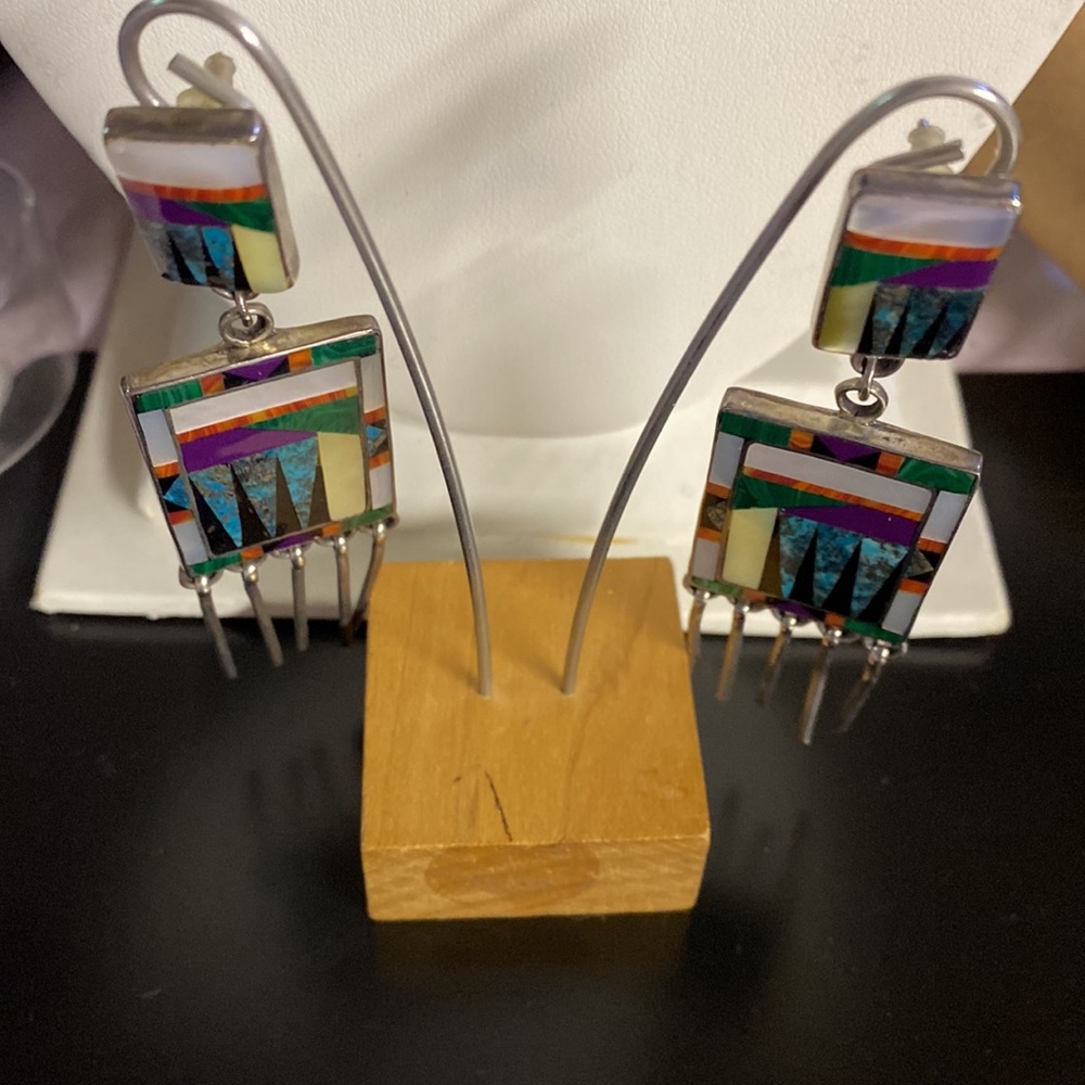 Sterling silver inlay earrings with MOP, turquoise, onyx, suglite, cobalt. - Picture 5 of 5